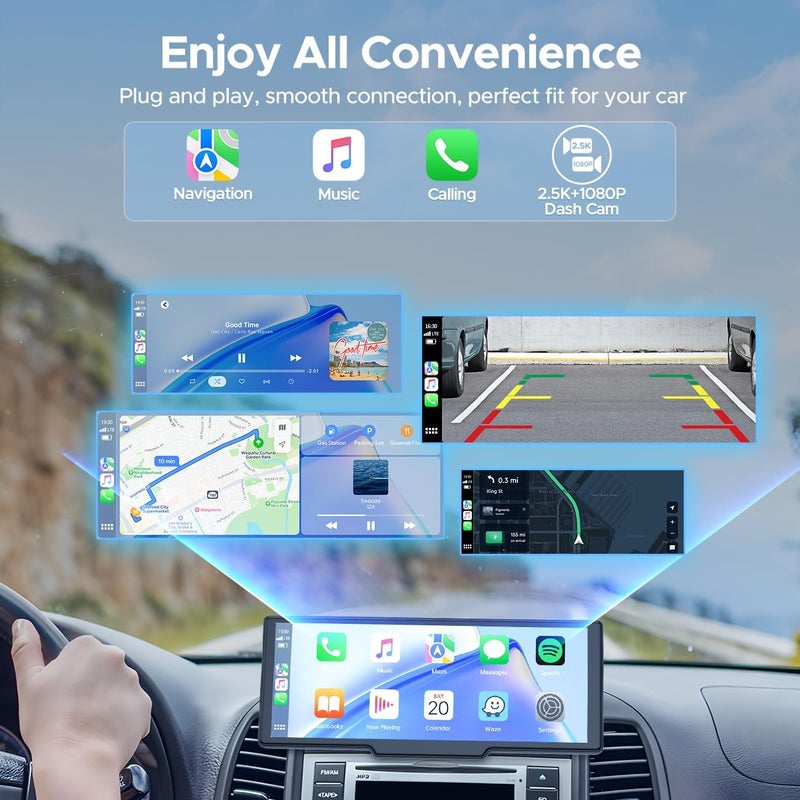 Topexplore 9.26'' Carplay Screen for Car with 2.5K Dash Cam and 1080P Backup Camera Portable Wireless Android Auto Screen GPS Navigation Mirror Link Voice Control Hands-Free for iOS 11+ Android 11+ - Image 2